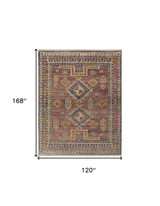 10' x 14' Wool Geometric Hand Knotted Area Rug With Fringe - Blue Red And Tan