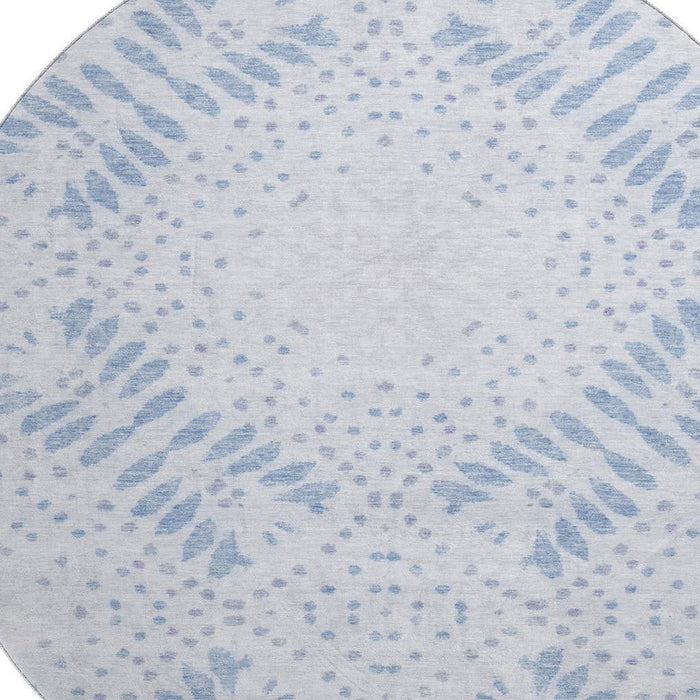 8' Floral Washable Round Rug With UV Protection - Blue / Ivory