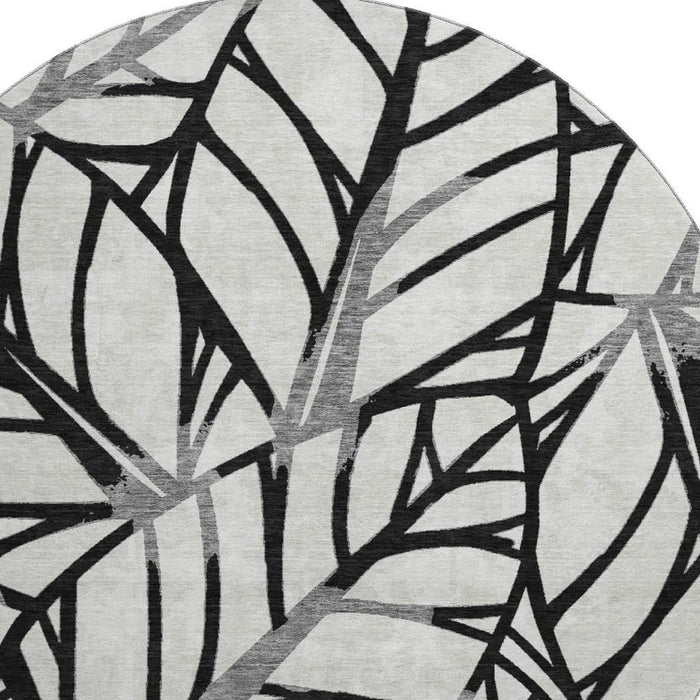 8' Floral Washable Round Rug With UV Protection - Black And Beige