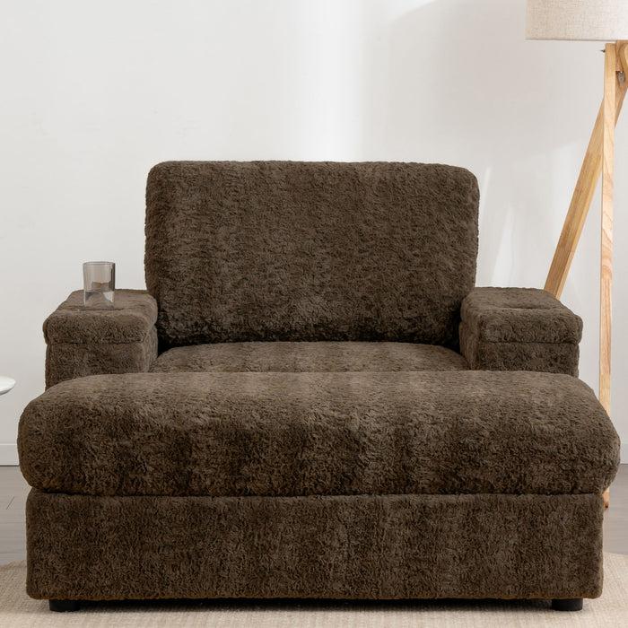 Giga oversized indoor chaise lounge with rabbit fur upholstery, storage ottoman, armrests, cup holders, and deep seat for comfort