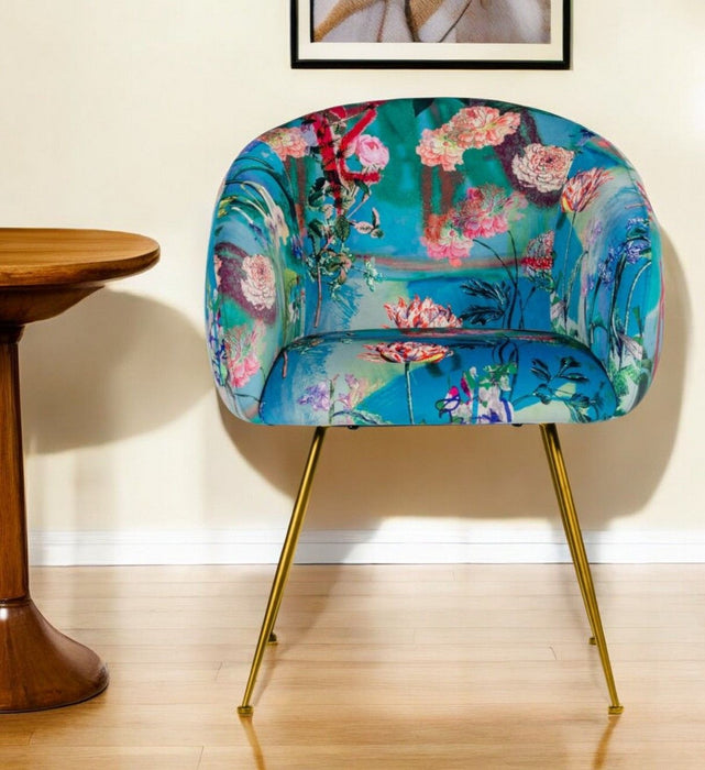 Floral Velvet Dining Arm Chair - Blue / Green