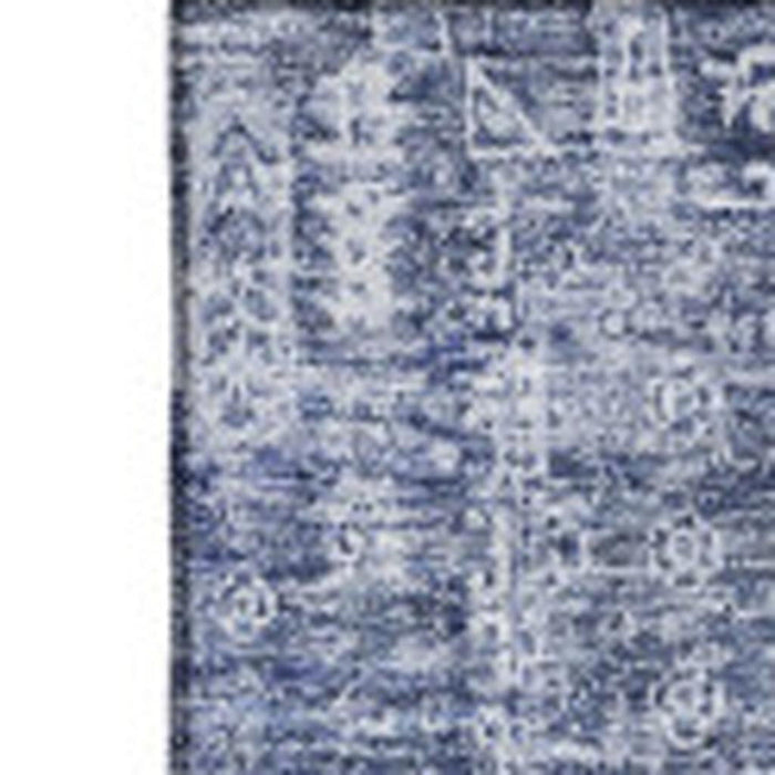 9' X 12' Floral Washable Area Rug With UV Protection (653403) - Navy Blue / Ivory