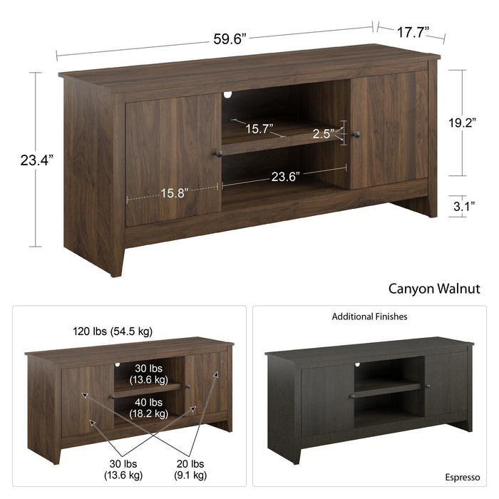 TV Stand For TVs Up To 65" With Open Shelves And Storage Cabinets - Walnut