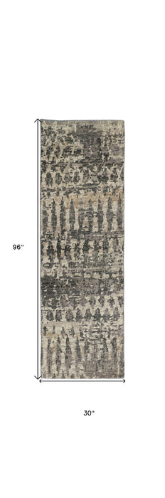 8' Wool Abstract Hand Knotted Runner Rug - Gray Taupe And Ivory