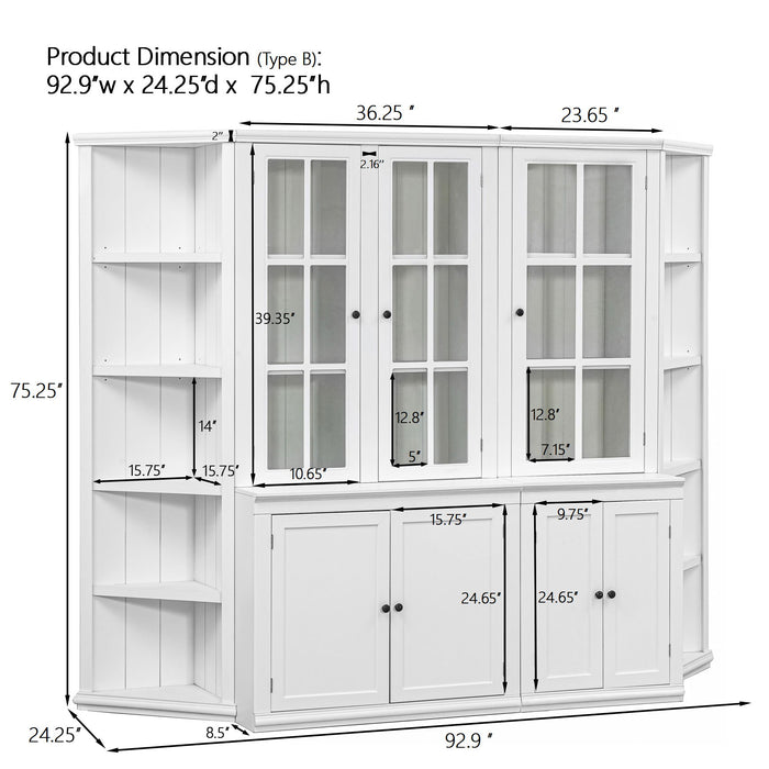 Giga retro white wall display cabinet with glass doors, 75.25-inch tall, featuring triangle-sided bookshelves for stylish storage.