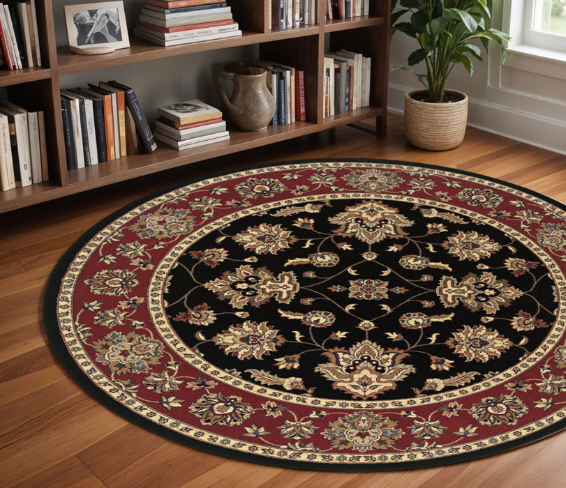 8' Floral Round Rug - Black And Red