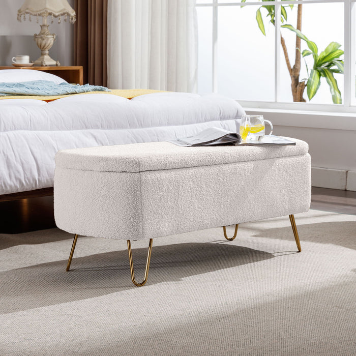 Giga storage ottoman bench with modern camel faux fur upholstery, padded top, and built-in storage for bedroom or living room.