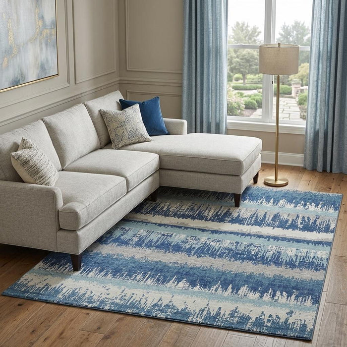 10' X 14' Striped Washable Area Rug With UV Protection (679492) - Blue / Ivory / Gray