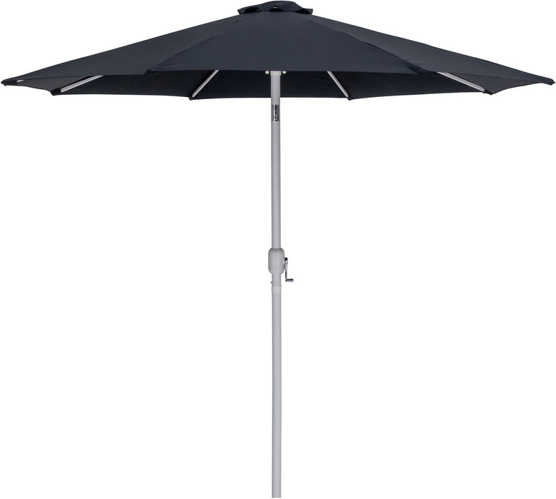 Fiji Meridian Furniture aluminum patio umbrella with round black and white base for outdoor shade and sun protection.