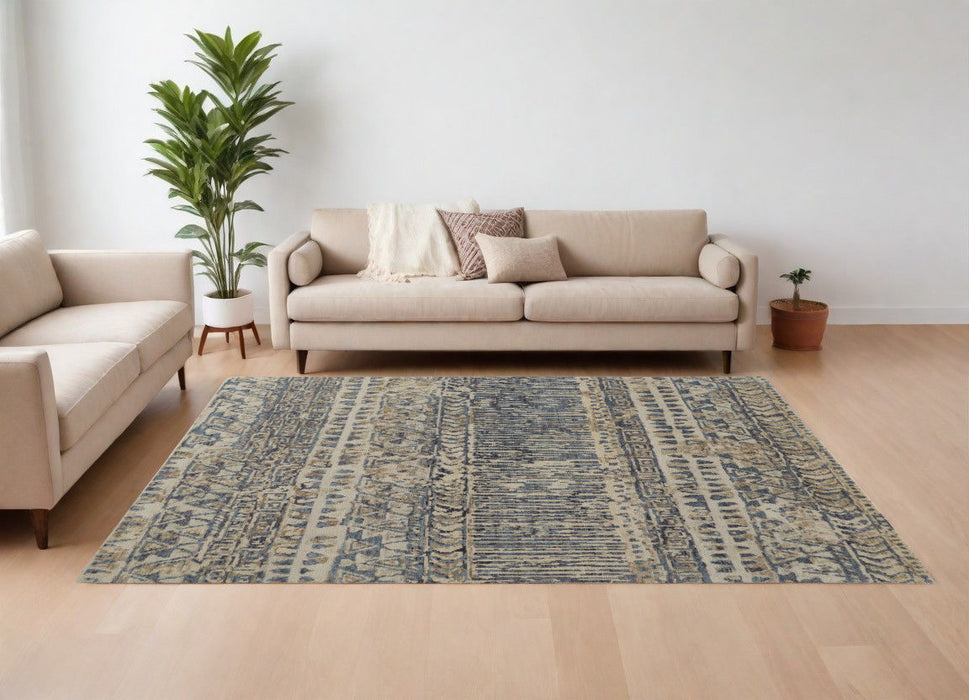6' x 9' Wool Geometric Hand Knotted Area Rug - Gray And Blue