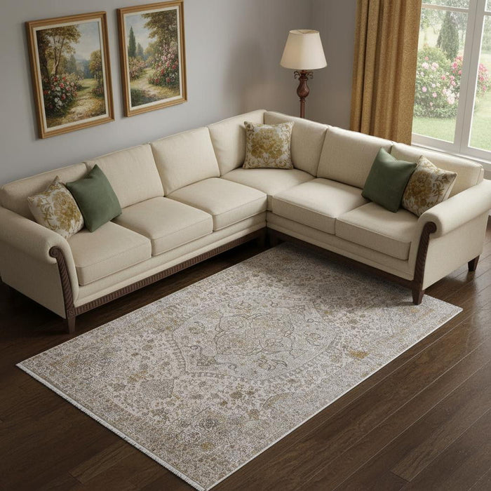 12' X 18' Oriental Area Rug With Fringe (722071) - Ivory / Gray / Gold