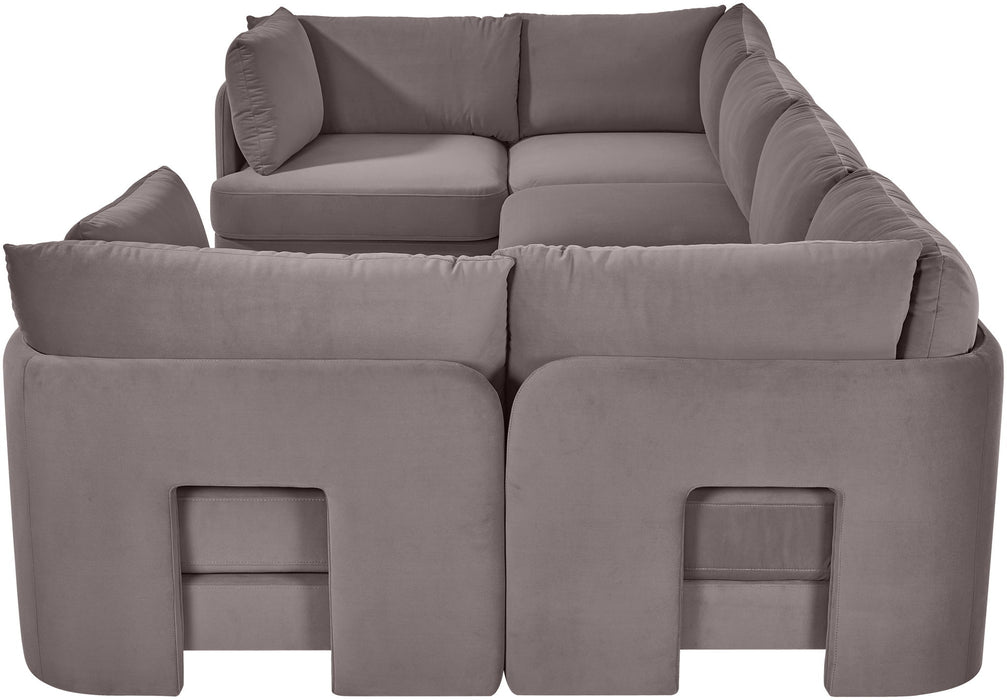 Velvet performance fabric upholstered Meridian Furniture 6-piece U-shaped sectional sofa in stationary style.