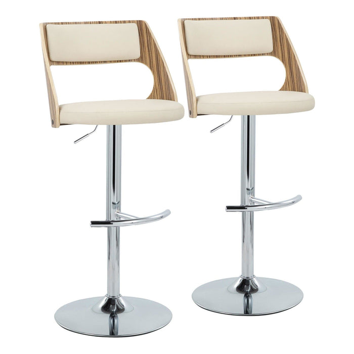 Cecina - Adjustable Barstool With Swivel And Rounded T Footrest (Set of 2) - Chrome Metal, Zebra Wood, And Cream Faux Leather