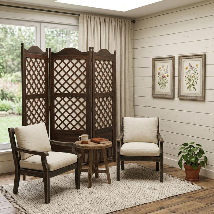 Folding Three Panel Screen Room Divider (415094) - Brown