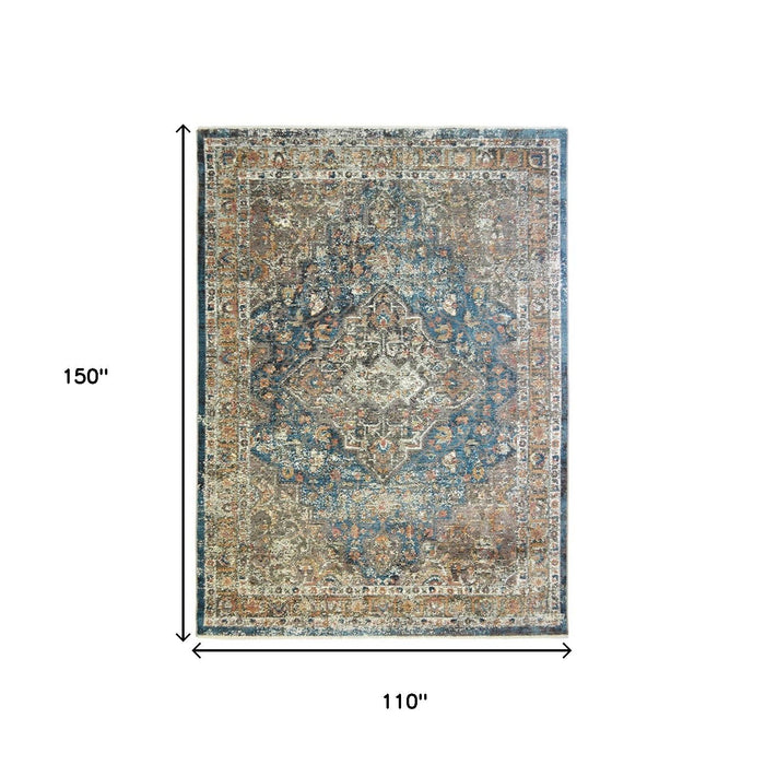 9' x 13' Oriental Distressed Area Rug With Fringe - Blue And Brown