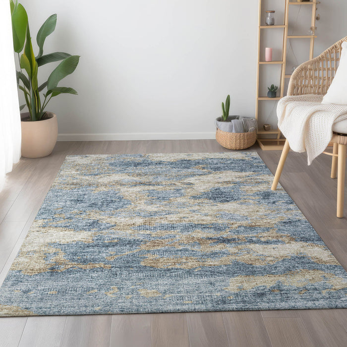 8' X 10' Abstract Washable Area Rug With UV Protection - Blue And Gold