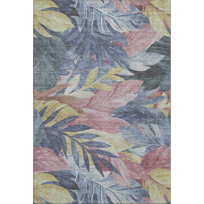 10' X 14' Floral Washable Area Rug With UV Protection (694020) - Denim Blue / Mauve / Gold