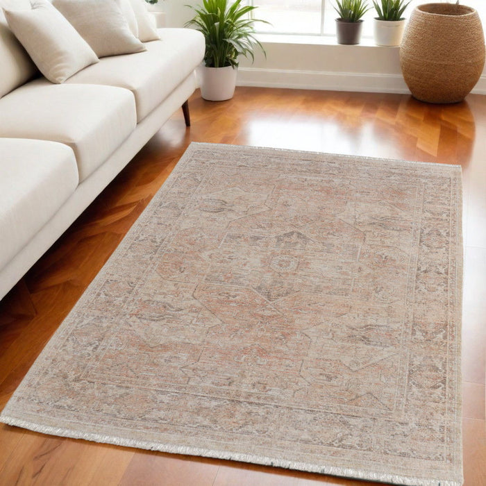 5' X 8' Oriental Hand Woven Distressed Area Rug With Fringe - Tan