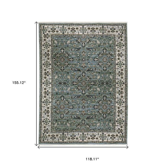 10' X 13' Floral Area Rug With Fringe - Blue And Green