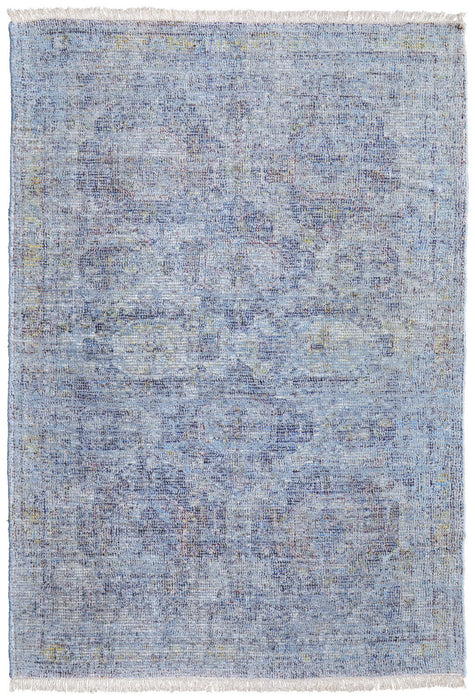 8' X 10' Abstract Hand Woven Distressed Area Rug With Fringe - Blue And Ivory