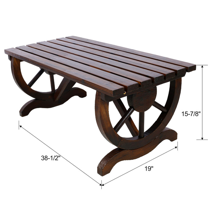 Rustic wooden garden bench with wagon wheel legs by Giga, brown outdoor bench suitable for patio or garden seating.