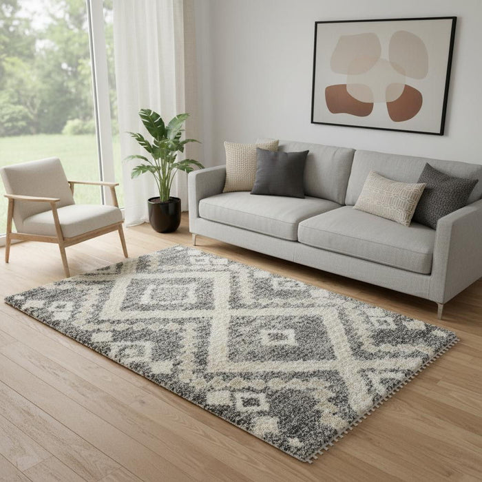 5' X 8' Geometric Shag Non Skid Area Rug (551128) - Ivory / Gray