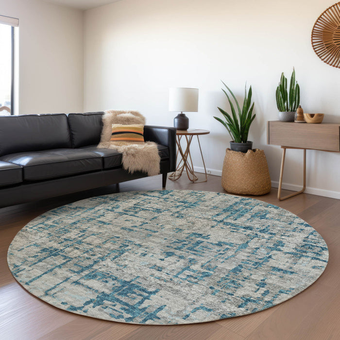8' Abstract Washable Round Rug With UV Protection - Persian Blue And Gray