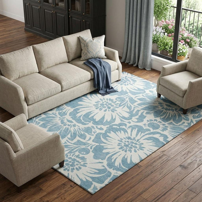 9' X 12' Floral Washable Area Rug With UV Protection (648639) - Denim Blue / Ivory