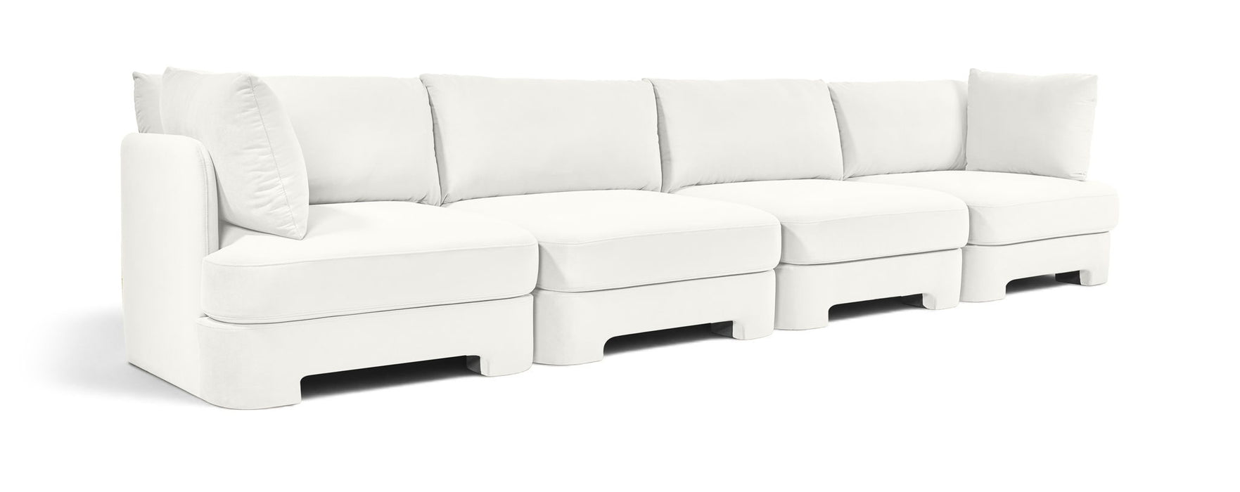Meridian Furniture velvet performance fabric upholstered 4-piece stationary sectional sofa with plush cushions and modern design.