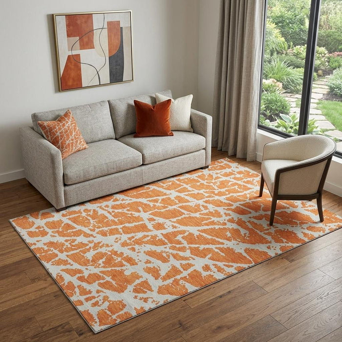 5' X 8' Abstract Washable Area Rug With UV Protection (646562) - Orange / Ivory