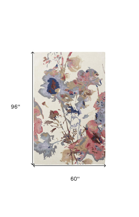 5' x 8' Wool Floral Hand Tufted Area Rug - Ivory Pink And Blue