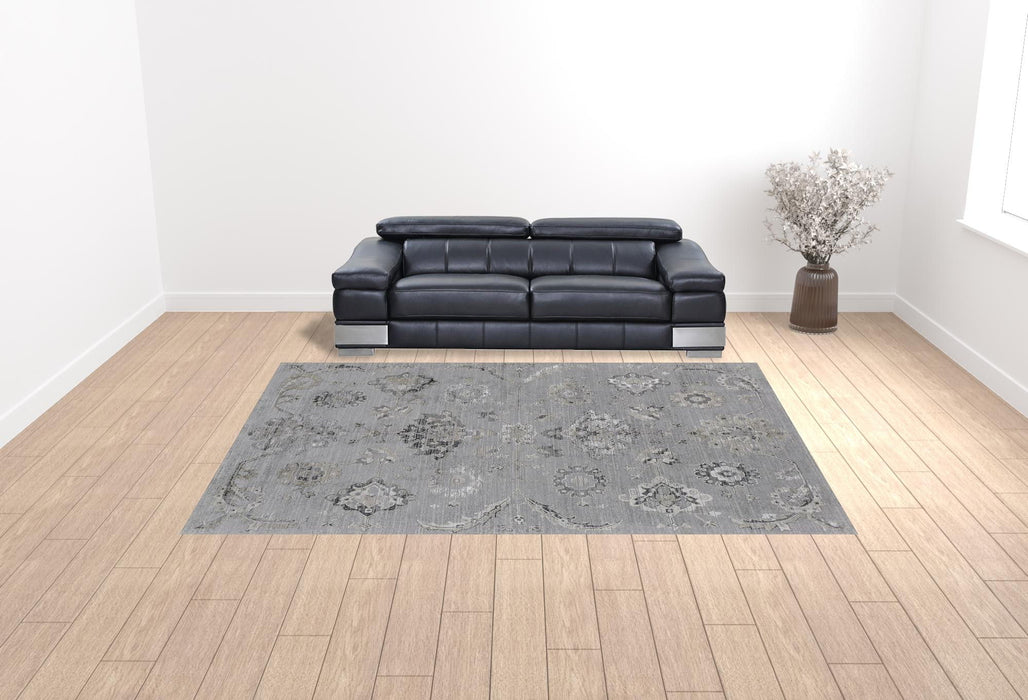 10' x 13' Floral Power Loom Distressed Area Rug - Silver And Black