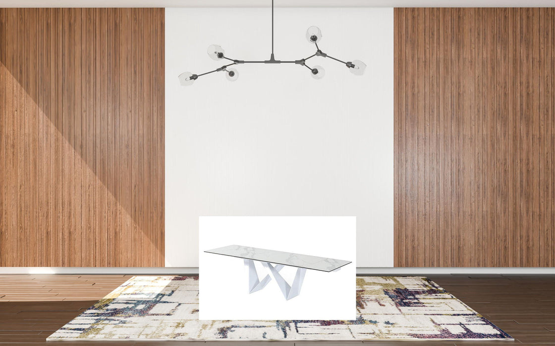 Ceramic Metal Self-Storing Leaf Pedestal Base Extendable Dining Table - White