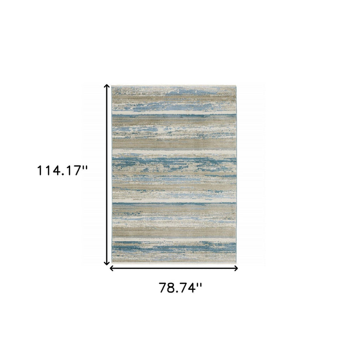 6' x 9' Abstract Power Loom Stain Resistant Area Rug With Fringe - Ivory Beige Gray Blue And Tan