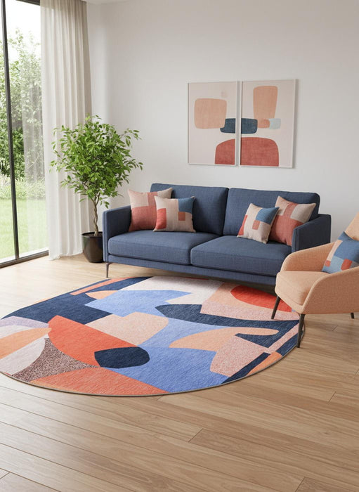 8' Abstract Washable Round Rug (552005) - Blue / Red