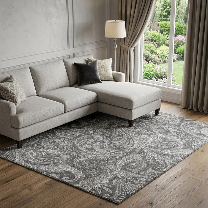 10' X 14' Paisley Washable Area Rug With UV Protection (654662) - Gray / Ivory
