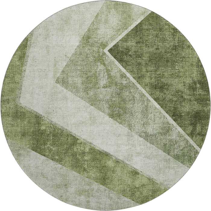 8' Geometric Washable Round Rug With UV Protection (655570) - Olive Green / Gray / Silver