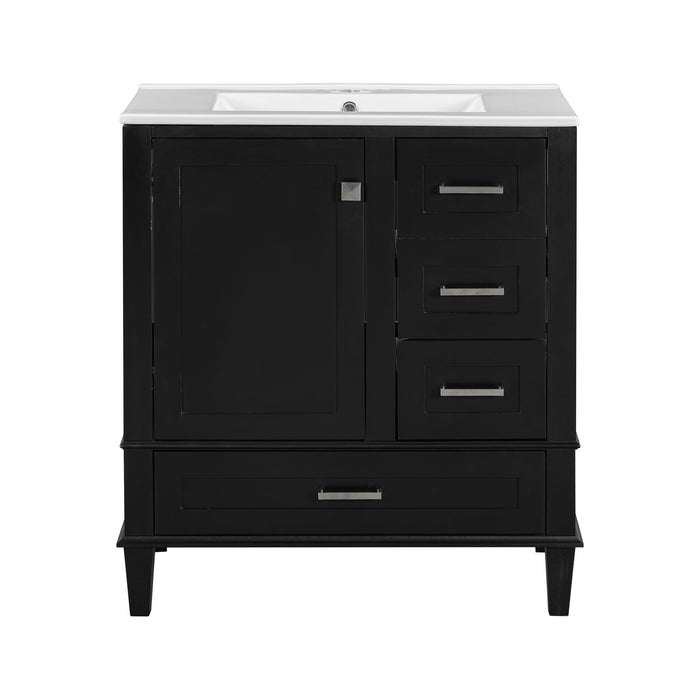 Modern Giga bathroom vanity with sink, solid wood frame, soft-close door, and three drawers for stylish bathroom storage.