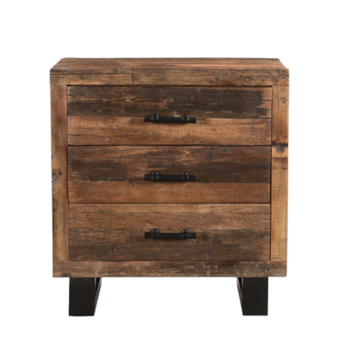 Three Drawer Wood And Metal Nightstand - Distressed Dark Brown