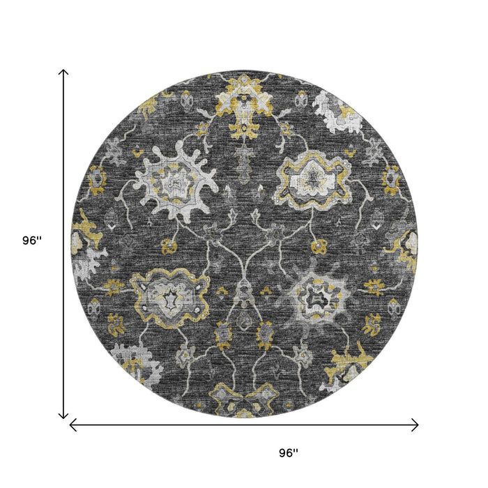 8' Floral Medallion Distressed Washable Round Rug With UV Protection (644613) - Graphite / Ivory / Gold