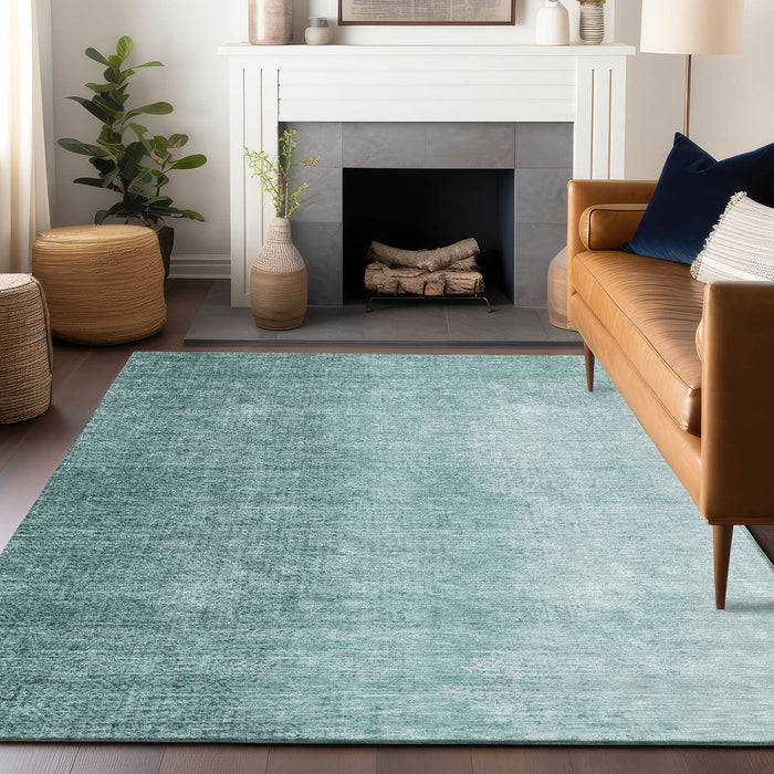 10' X 14' Ombre Washable Area Rug With UV Protection - Teal And Ivory
