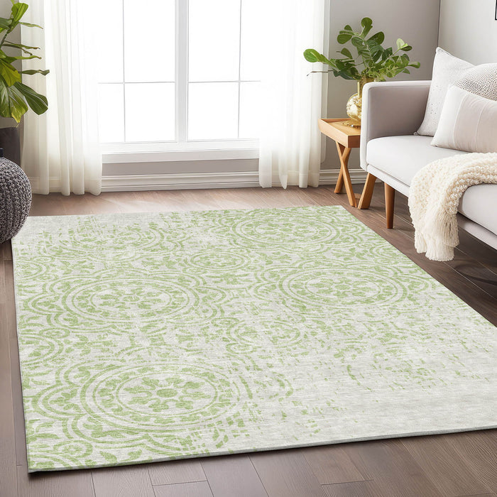 8' X 10' Medallion Washable Area Rug With UV Protection - Artichoke Green / Ivory