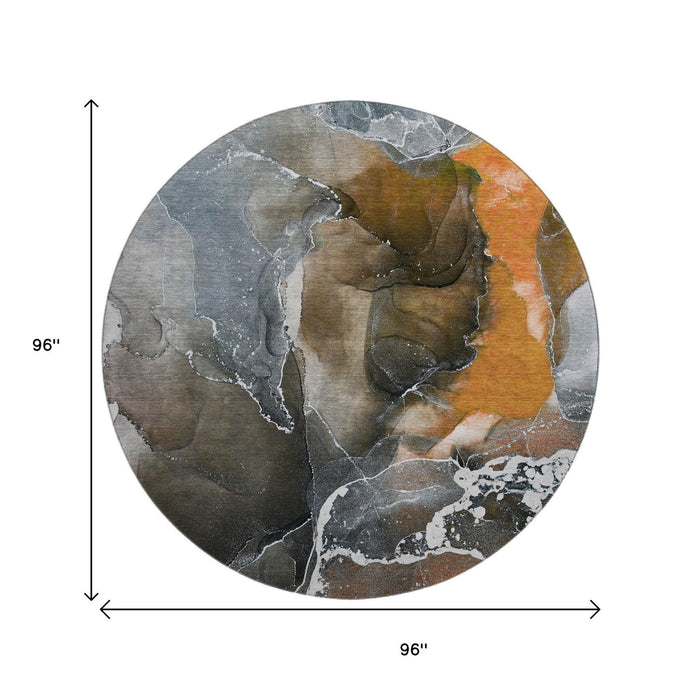 8' Abstract Washable Round Rug With UV Protection (646689) - Orange / Charcoal