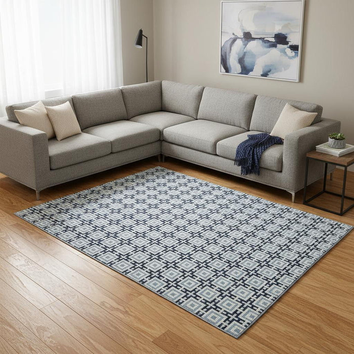 10' X 14' Geometric Washable Area Rug With UV Protection (645271) - Navy Blue / Ivory