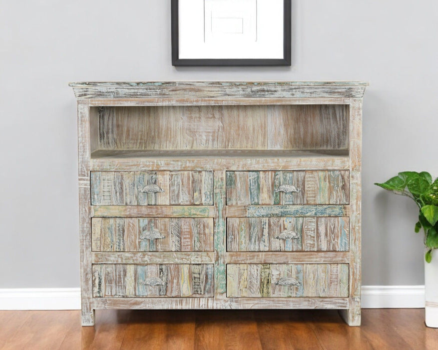 50" Distressed Reclaimed Wood Open And Enclosed Storage Entertainment Center - White