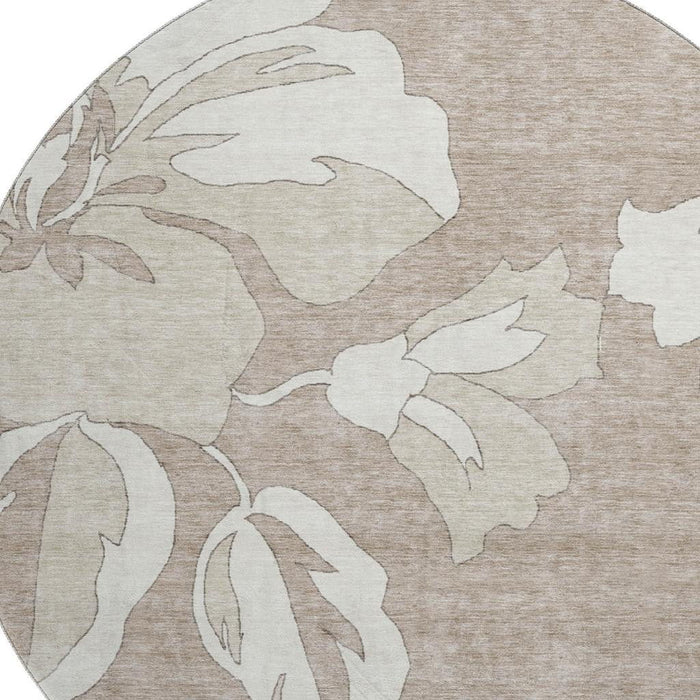 8' Floral Washable Round Rug With UV Protection (668014) - Taupe / Ivory