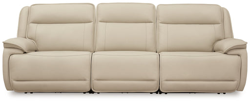Signature Design by Ashley® 3-piece almond power reclining sectional sofa with plush cushions and modern style.