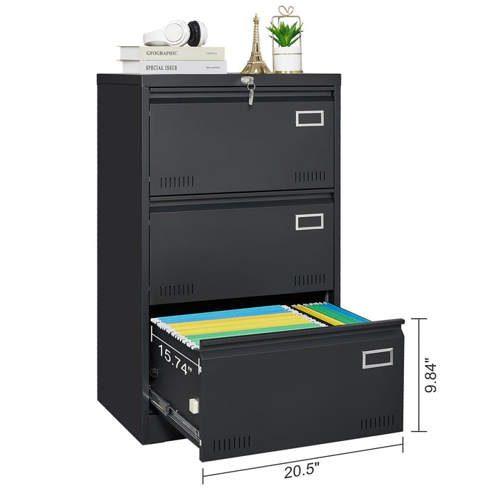 Giga 3-drawer lateral filing cabinet in metal with locking drawers, ideal for home or office organization.