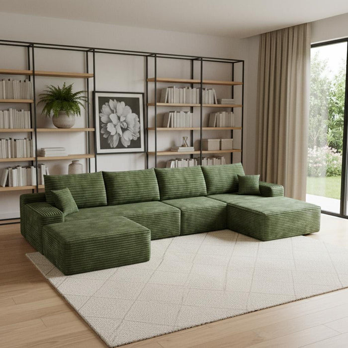 2 Piece Living Room Set Corduroy Modular Compression Foam Sofa With Ottoman Toss Pillows - Green