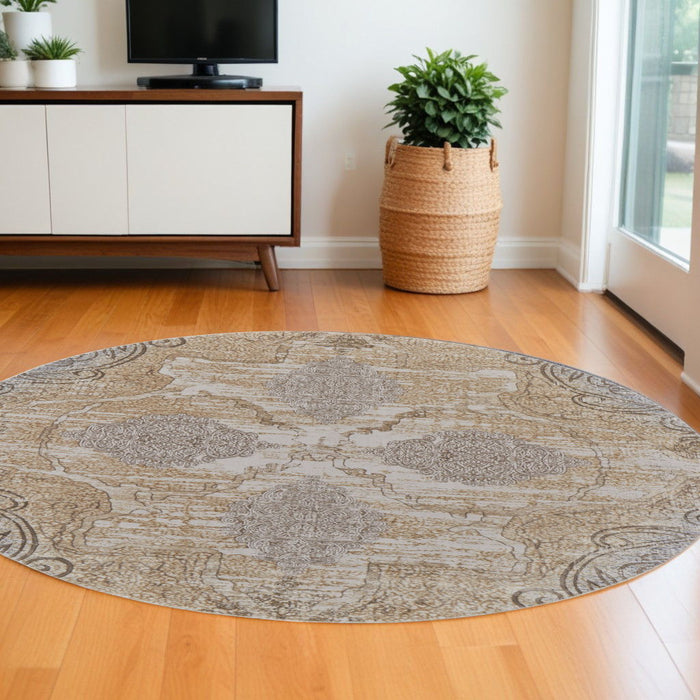 8' Round Medallion Power Loom Distressed Area Rug - Gray And Brown